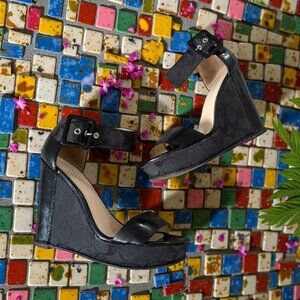 COACH Jerri Black Platform Logo Wedges Sandals Size 6